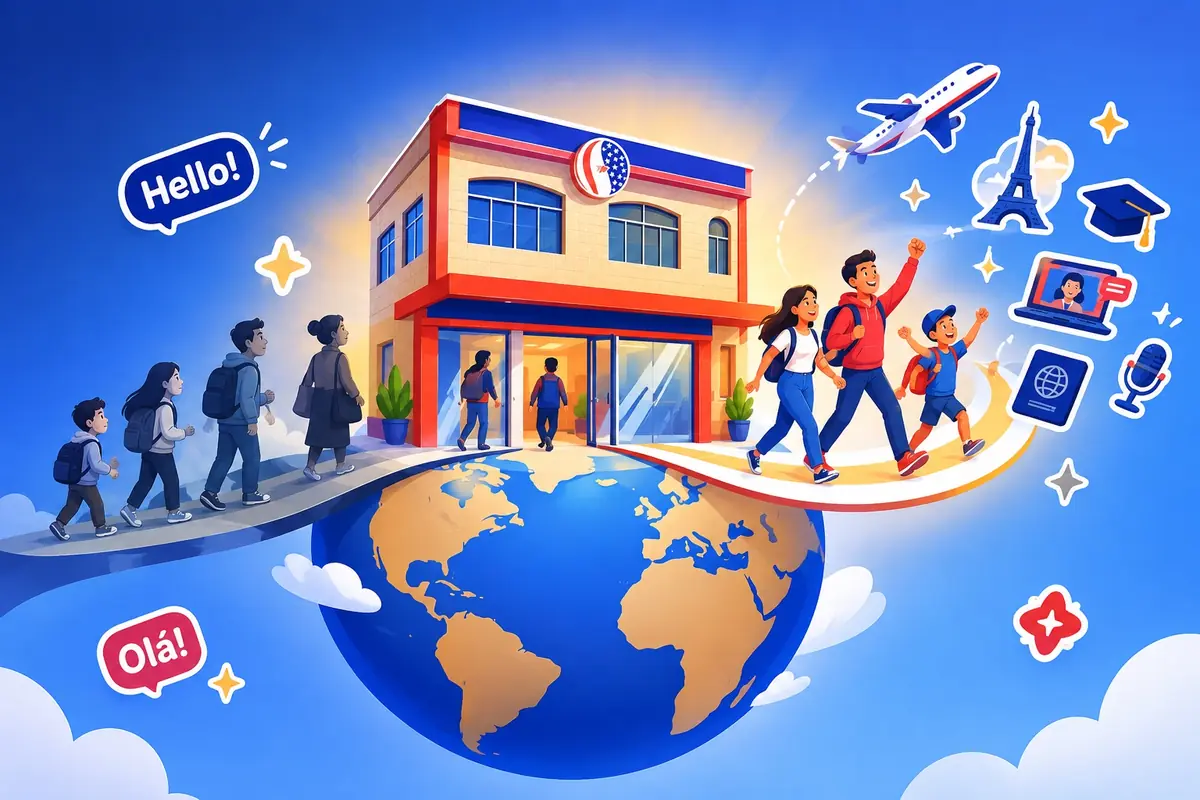 Ilustração: a escola True Way como um portal para o mundo, com alunos entrando e saindo rumo a novas oportunidades